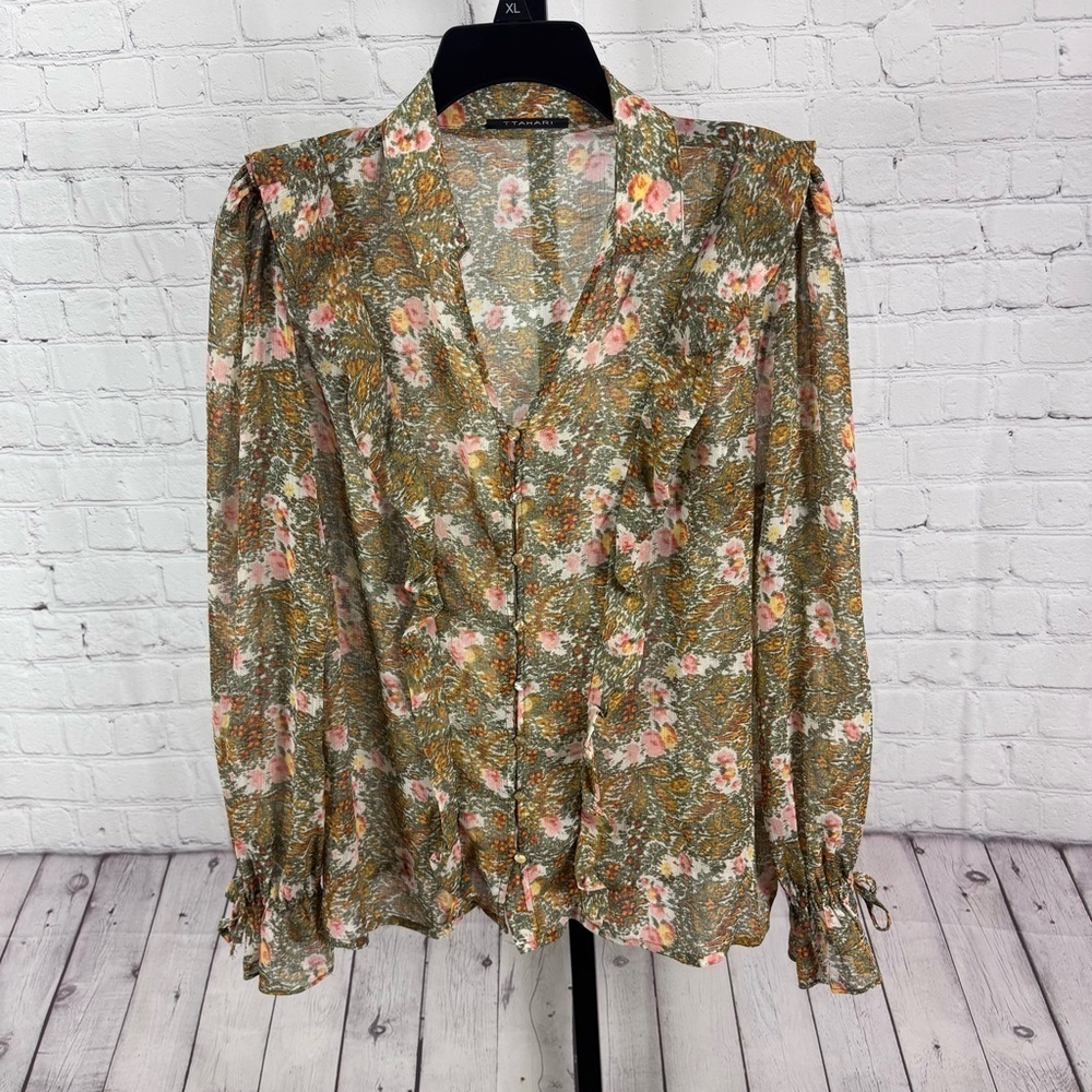 T Tahari Semi Sheer Floral Ruffle Button Down Blouse Size Medium